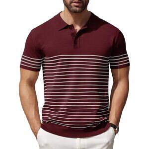 Mens Polo Shirt Striped Short Sleeve Knit Casual Slim Fit Golf Top Burgundy